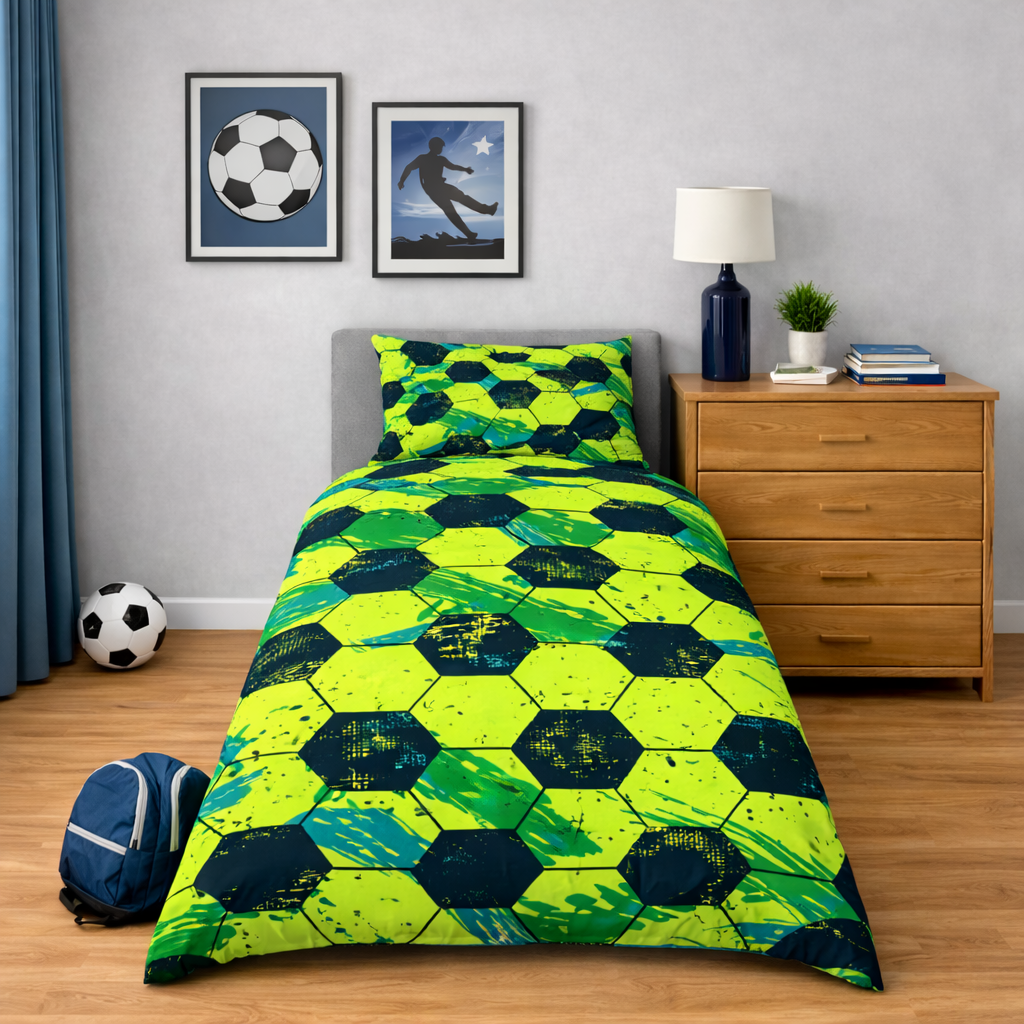 Bedroom with green and blue geometric patterned bedding, soccer-themed decor, and wooden furniture.