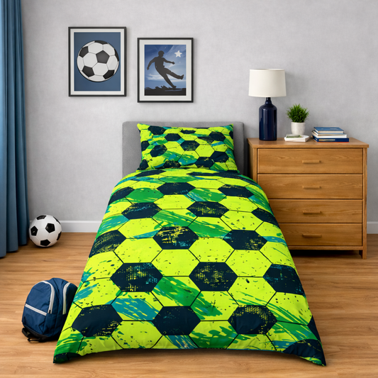 Bedroom with green and blue geometric patterned bedding, soccer-themed decor, and wooden furniture.