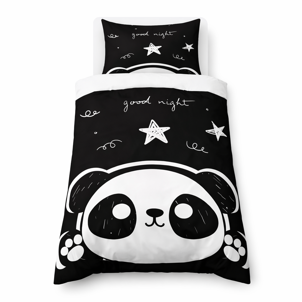 Panda-themed bedding set with 'good night' text and stars on a black background.