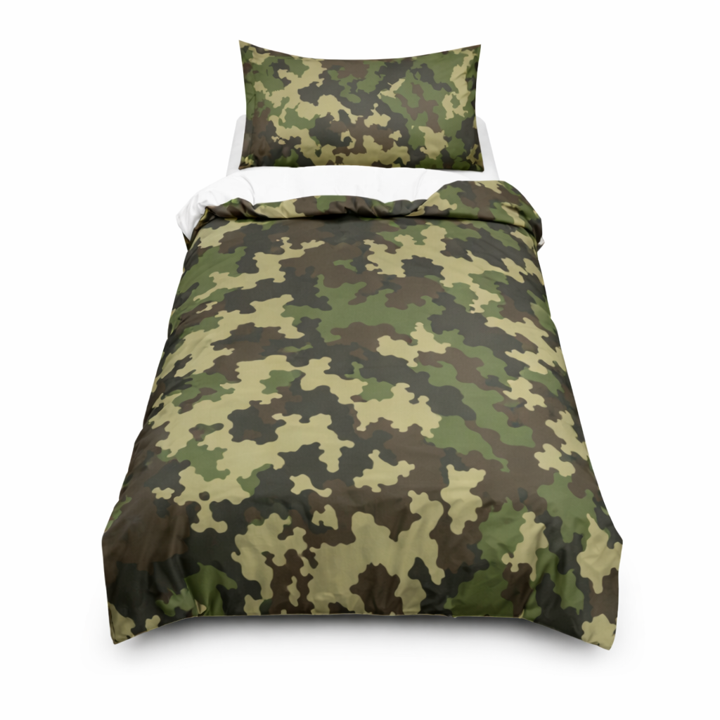 Camouflage bedspread and pillow on a white background