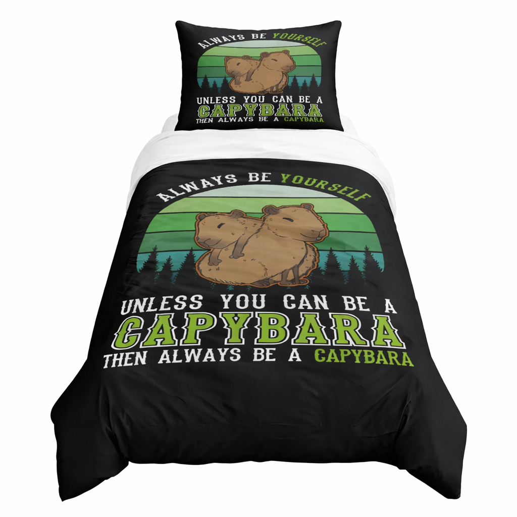 Bedding set with capybara design and text on a black background