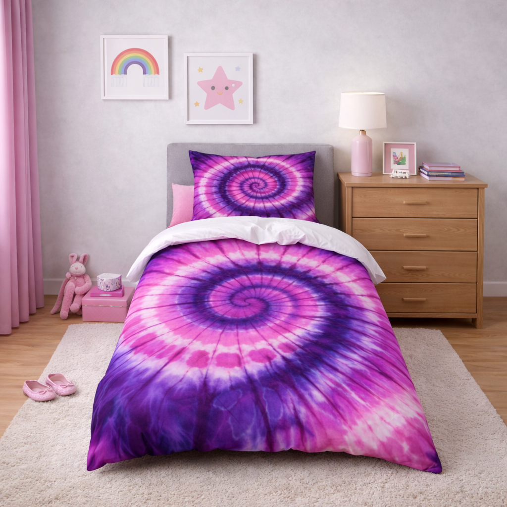 Bedroom with tie-dye purple and pink spiral bedding, nightstand, and decor items.