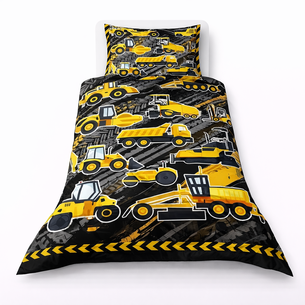 Construction-themed bedding set with yellow trucks on a black background