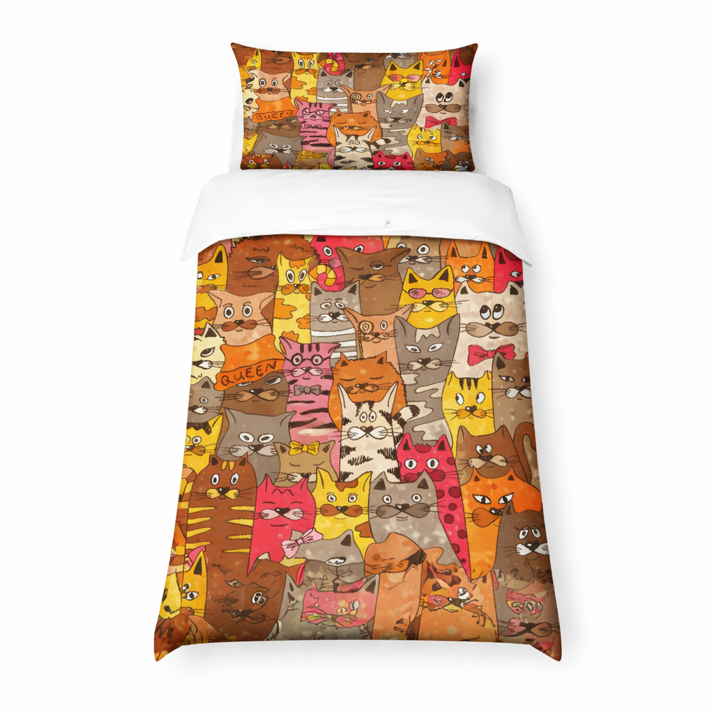 Colourful funky cat pattern single duvet set with cartoon cats in warm tones and matching pillowcase on a modern bed on a white background