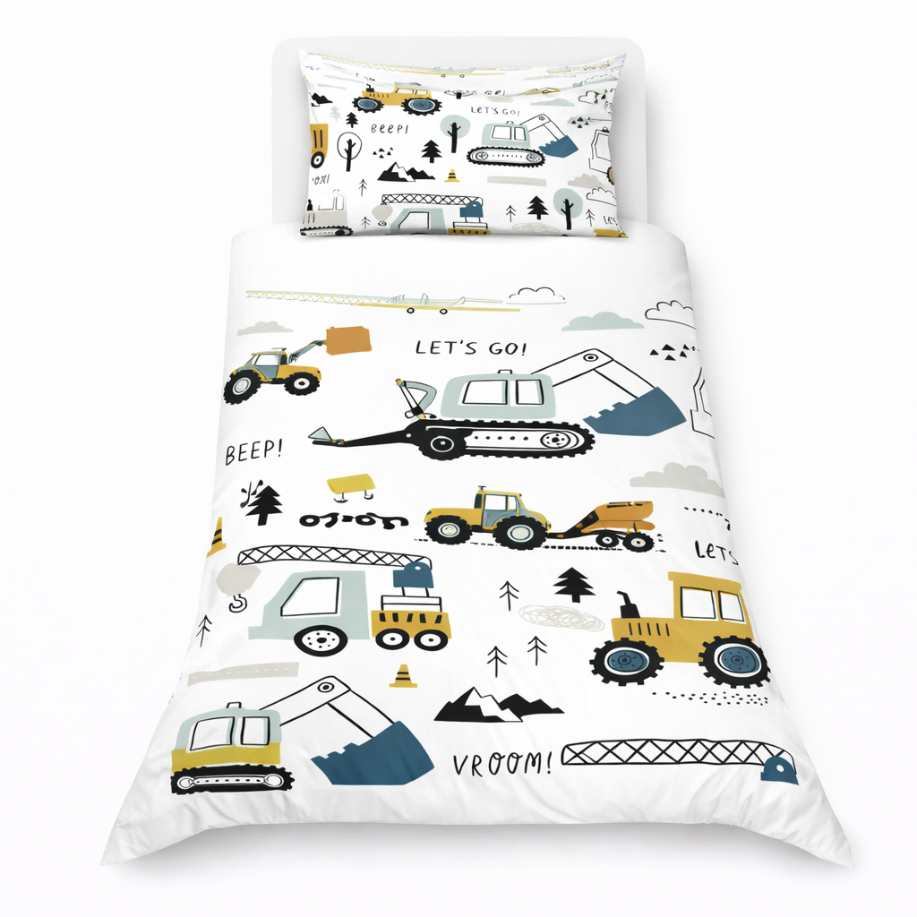 Children's bedding set with vehicle pattern on a white background