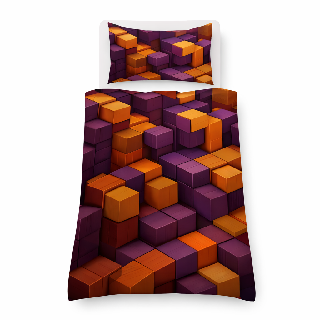 Bedding set with geometric cube pattern in purple and orange on a white background