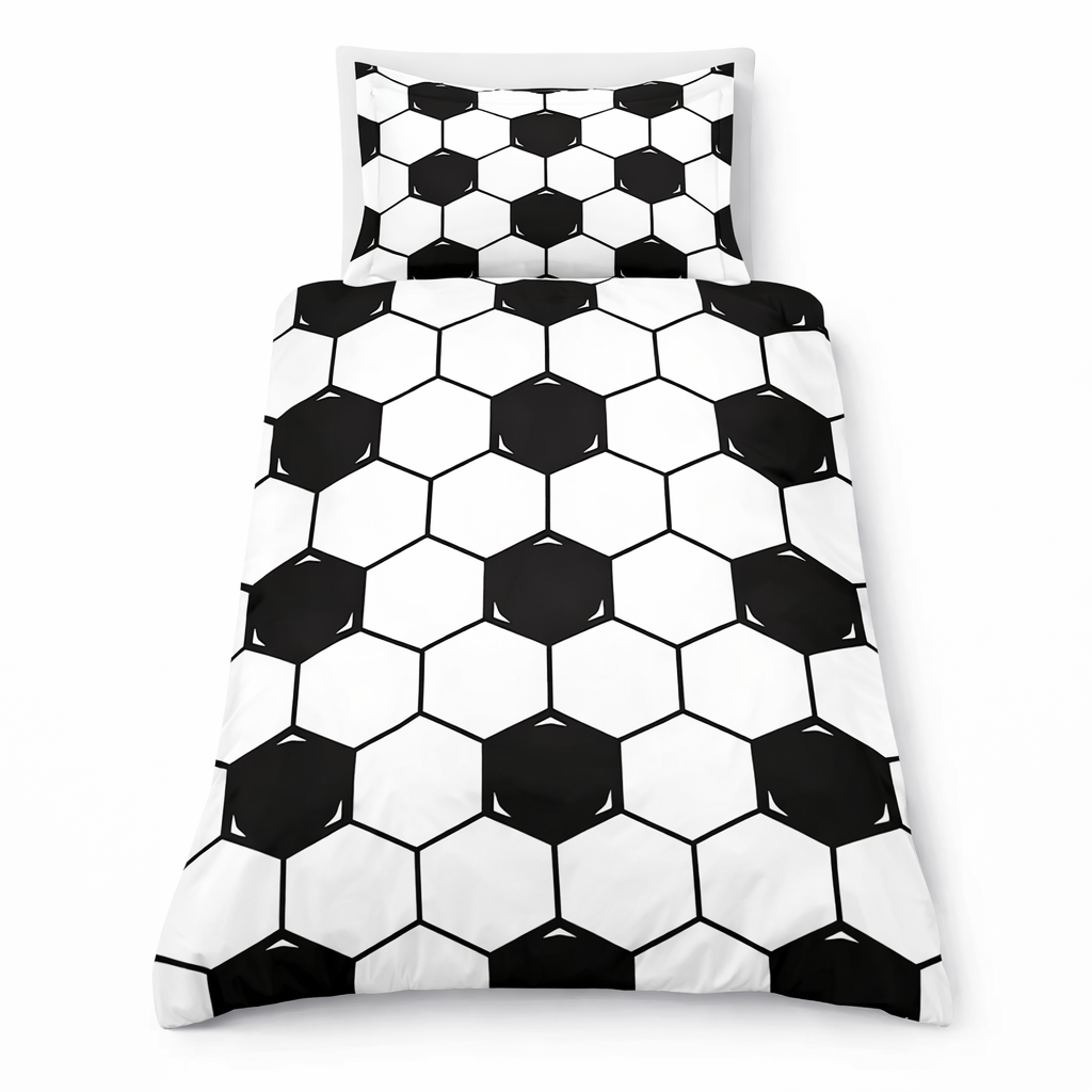 Black and white hexagonal patterned bedding set on a white background