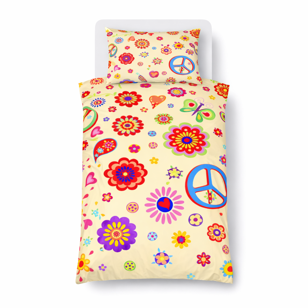 Floral and peace symbol patterned pillowcase on a white background