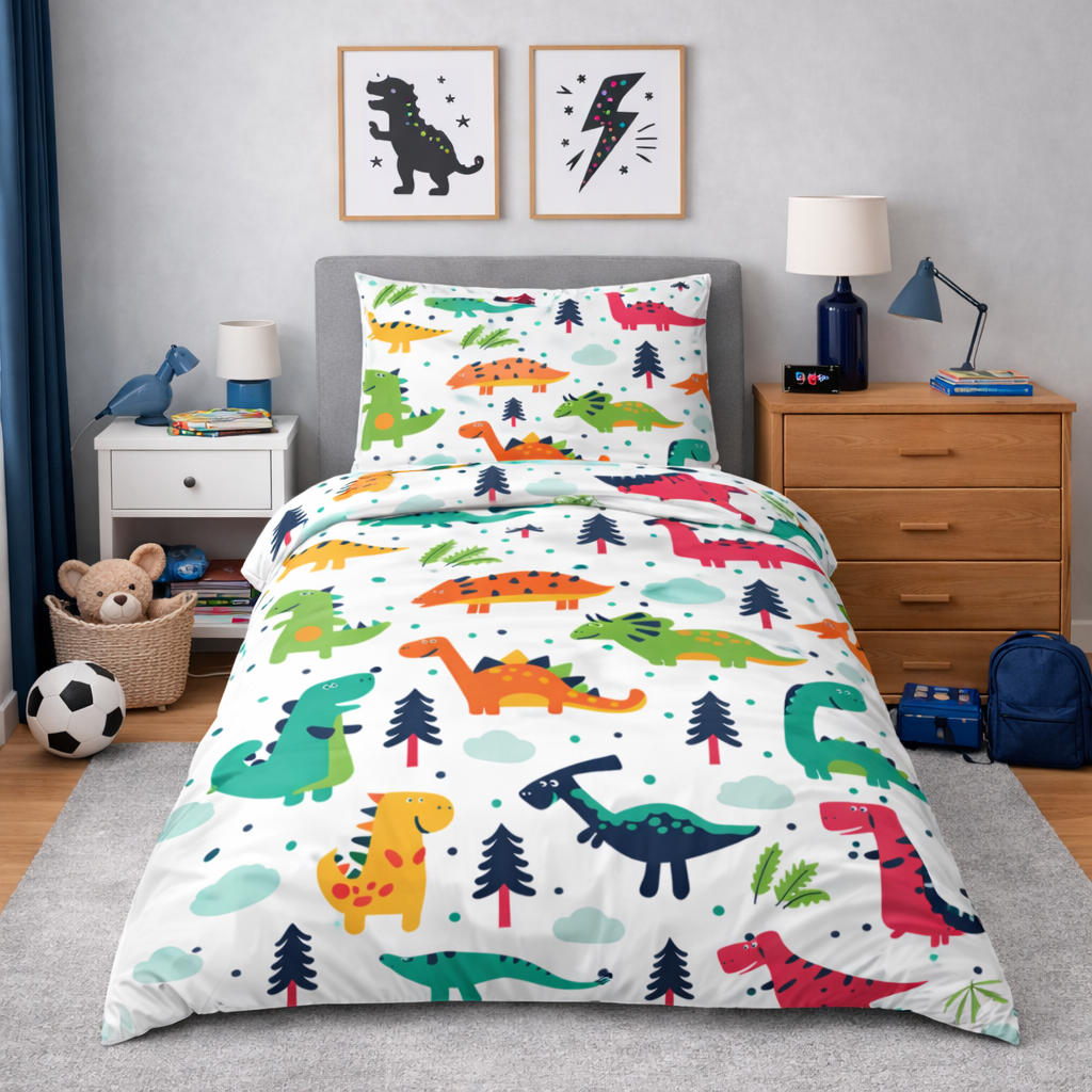White duvet set with colourful dinosaurs and matching pillowcase