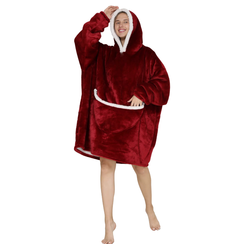 Dark red oversized wearable hoodie with hood and large front pocket, shown as a cosy pullover blanket-style design.