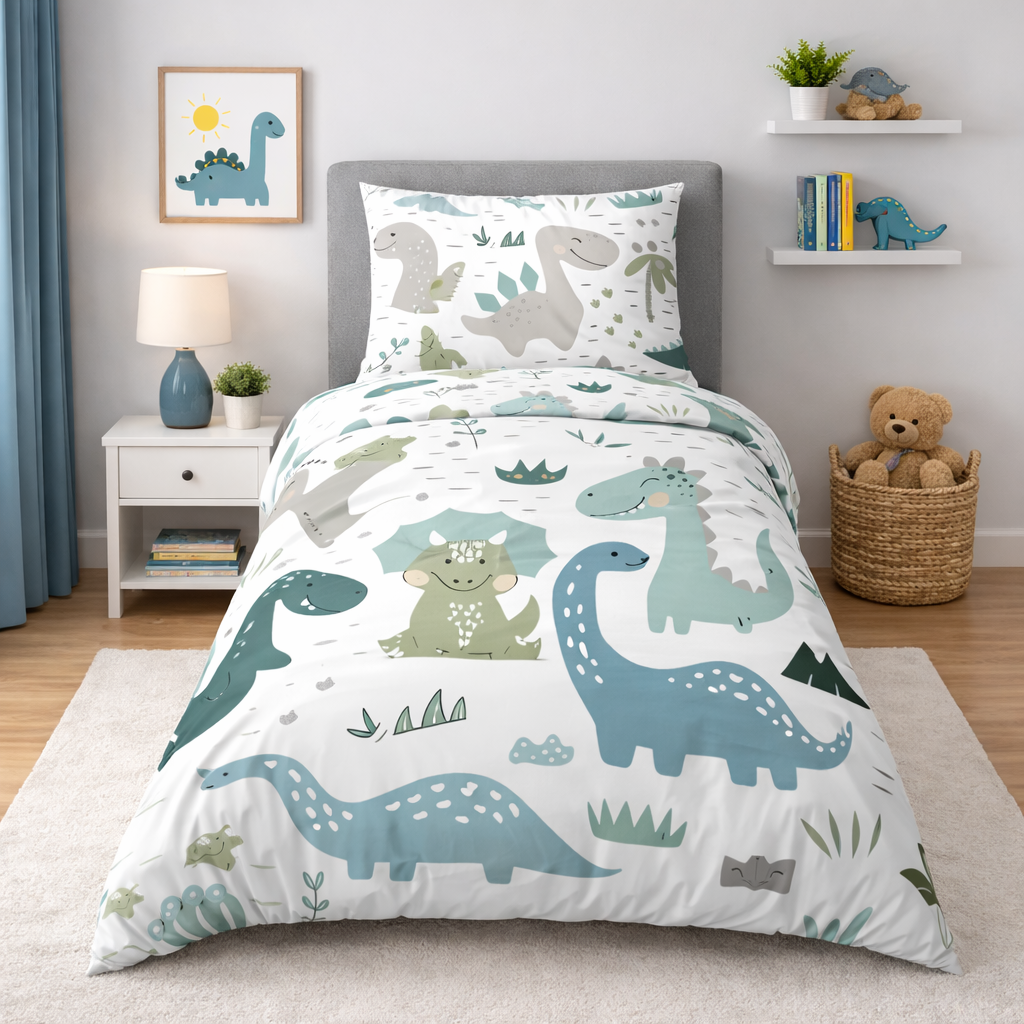 Dinosaur design duvet cover and pillowcase in a bedroom setting