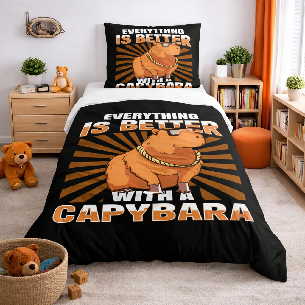 Bedding set with capybara design in a bedroom setting