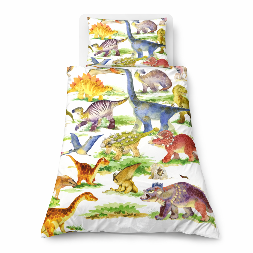 Colourful dinosaur themed duvet cover and pillowcase on a white background