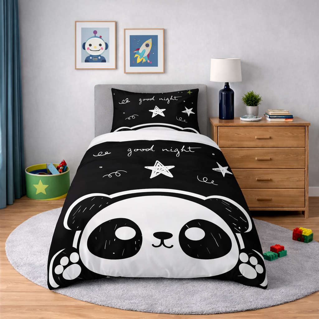 Children's bedroom with panda-themed bedding set on a bed