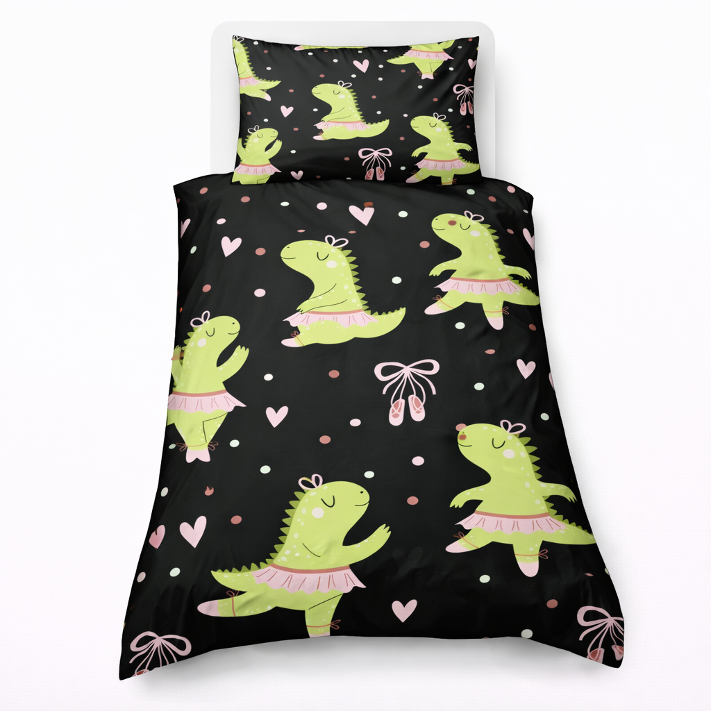 Dinosaur ballerina on a black duvet cover with a matching pillowcase on a white background