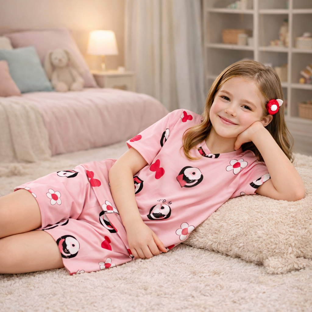 Young girl in pink pyjamas with cartoon designs lying on a bed in a cosy bedroom.