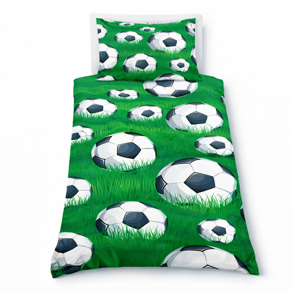 Soccer ball patterned bedding set on a green background