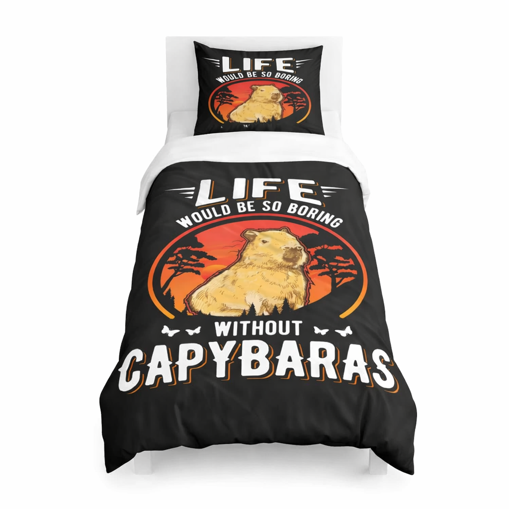 Bedding set with capybara design and text on a white background
