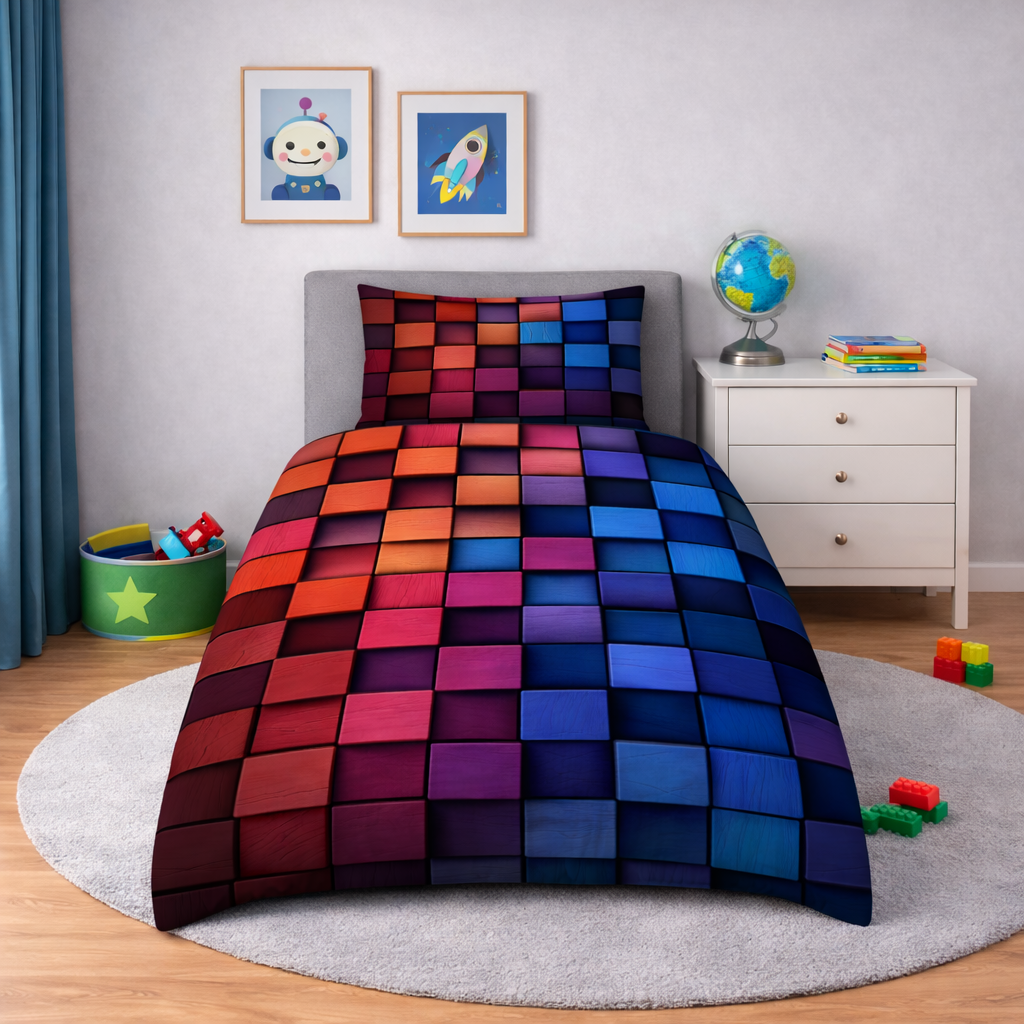 Colorful quilt on a bed in a child's room with toys and furniture.