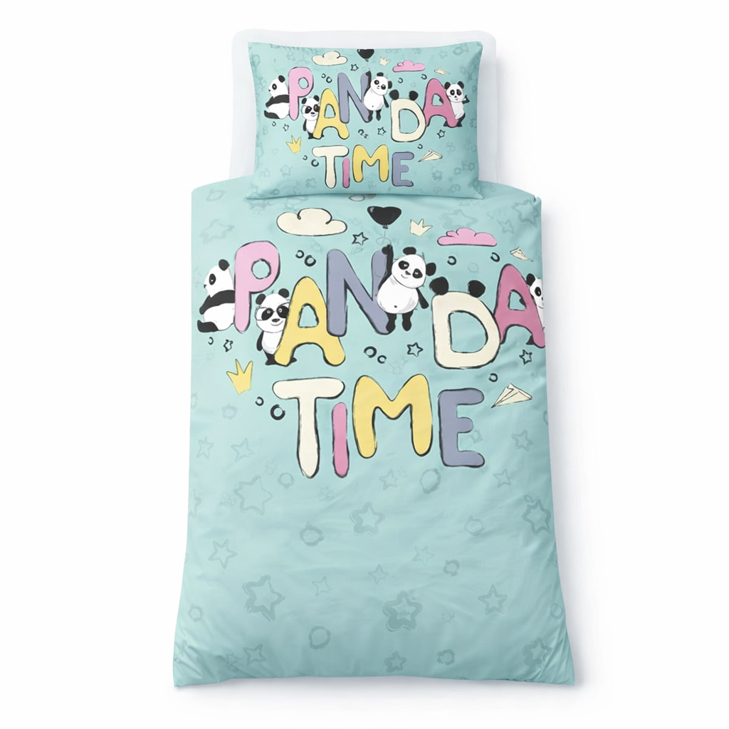 Children's bedding set with 'Panda Time' text and panda illustrations on a light blue background.