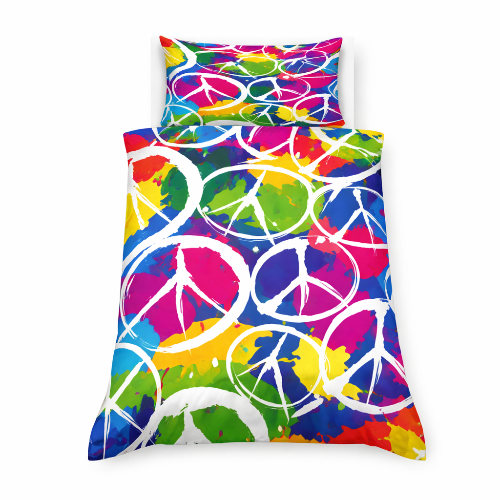 Colourful bedding set with peace symbol design on a white background