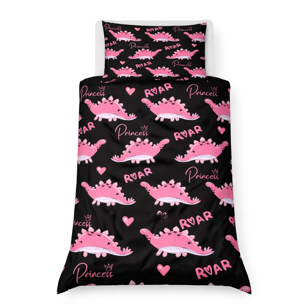 Princess dinosaur design on a black duvet cover and pillowcase on a white background