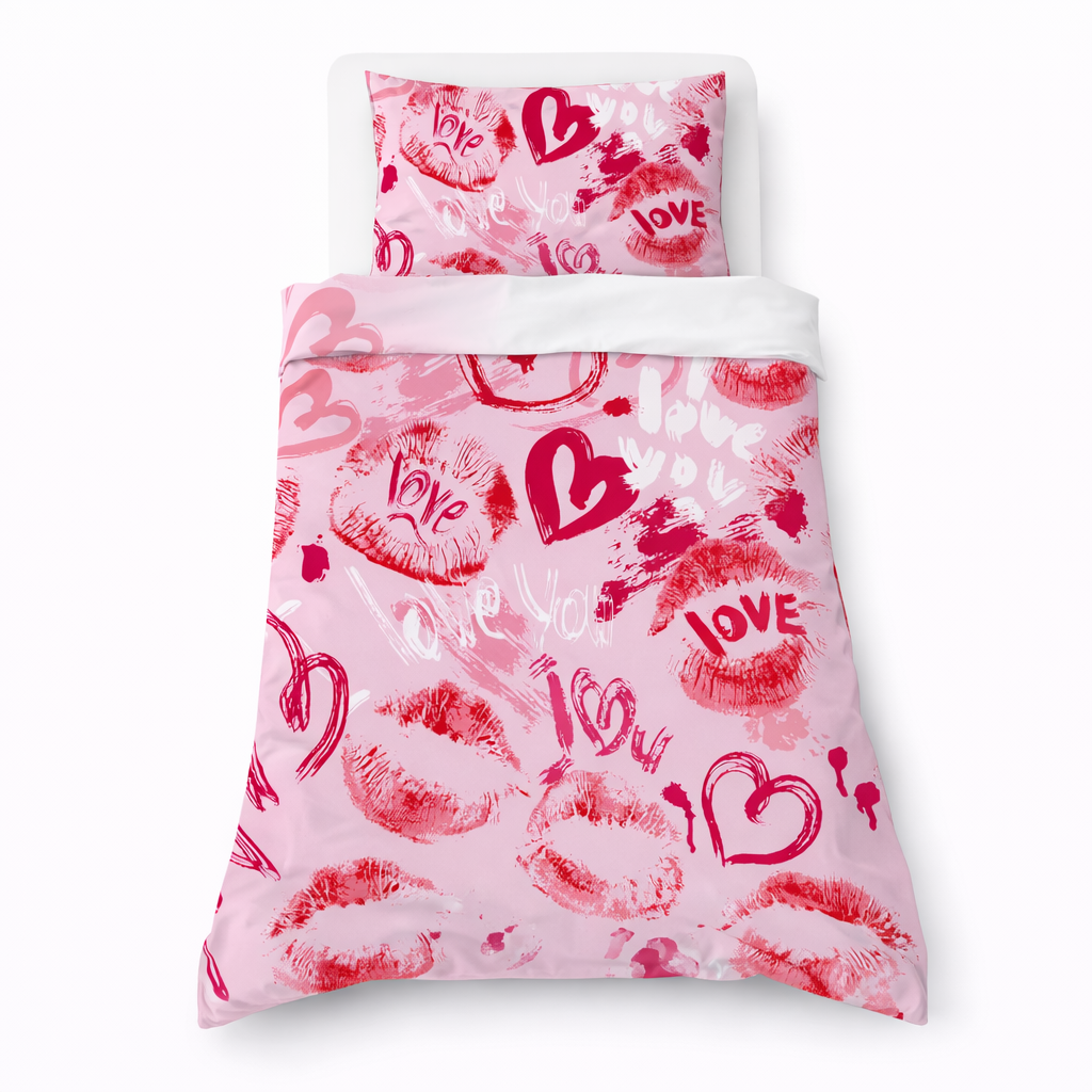 Pink kids duvet cover set with love hearts and lipstick kiss print design