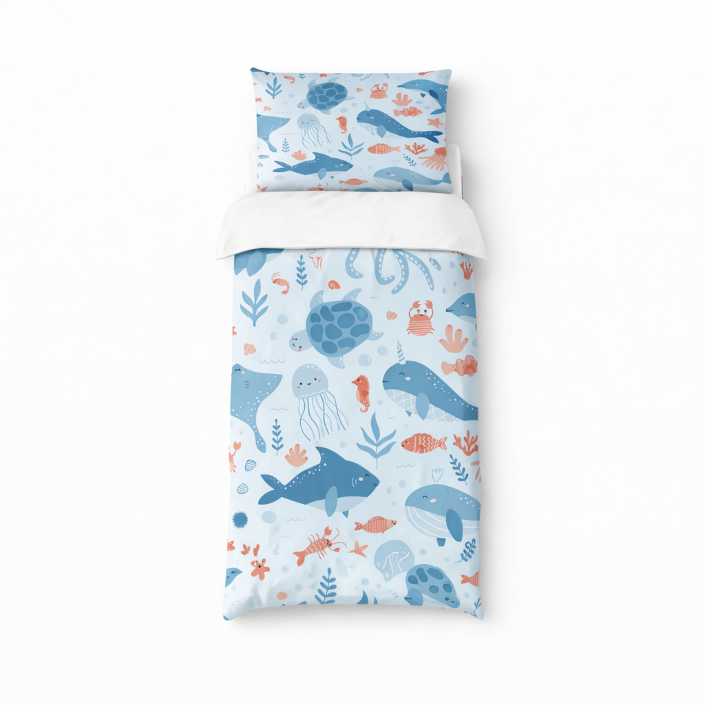 Ocean animal duvet set with whales, turtles and sea creatures on a soft blue background displayed on a single bed with matching pillowcase