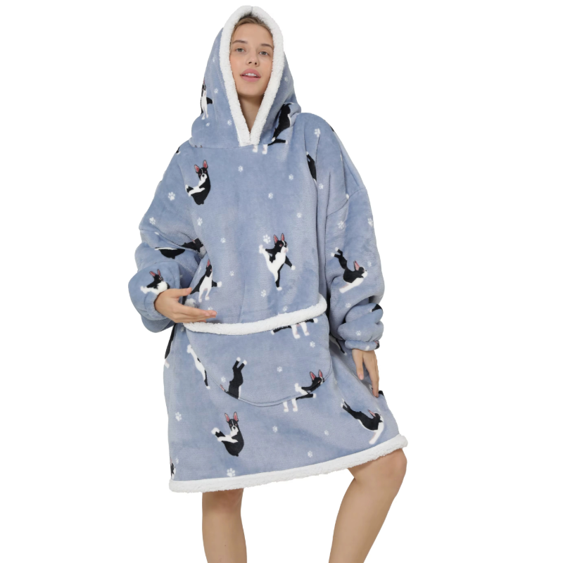 Woman wearing jumping dog design oversized wearable hoodie with hood