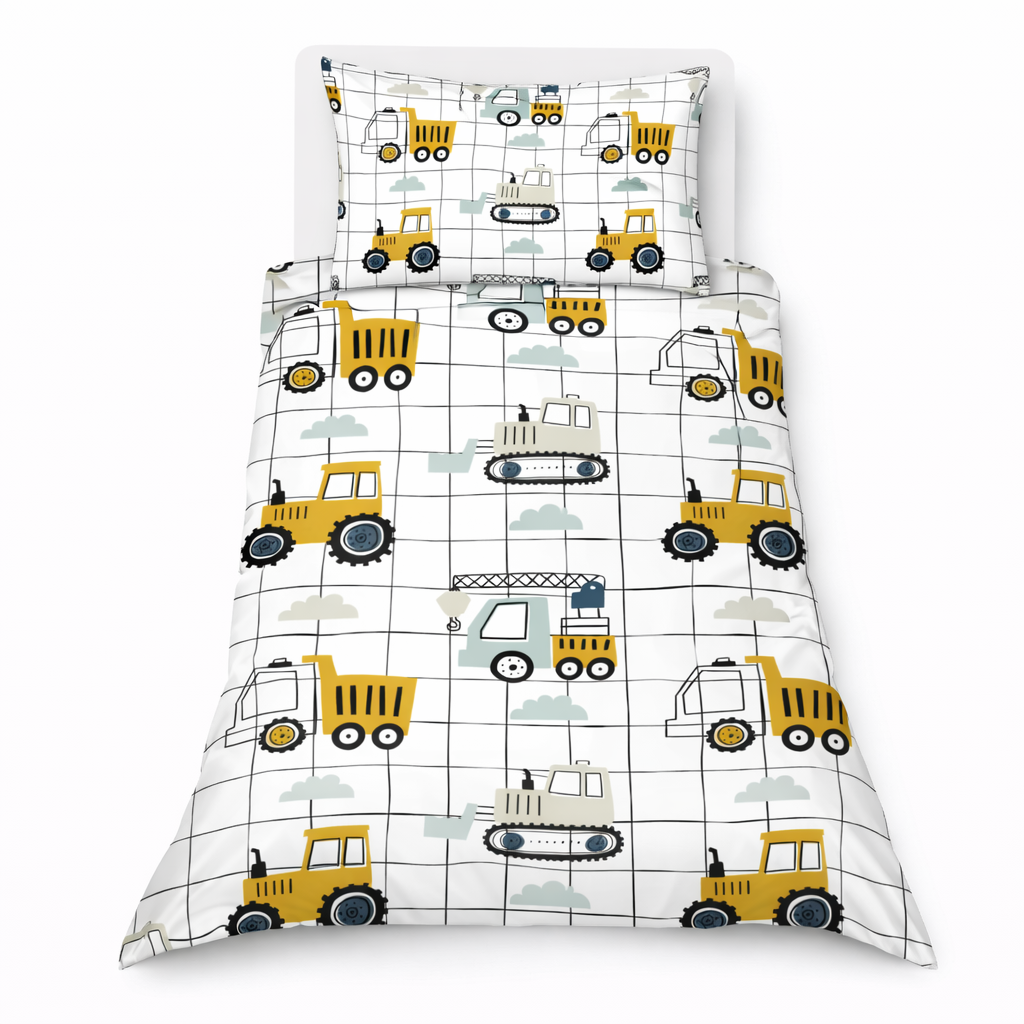 Children's bedding set with construction vehicle pattern on a white background