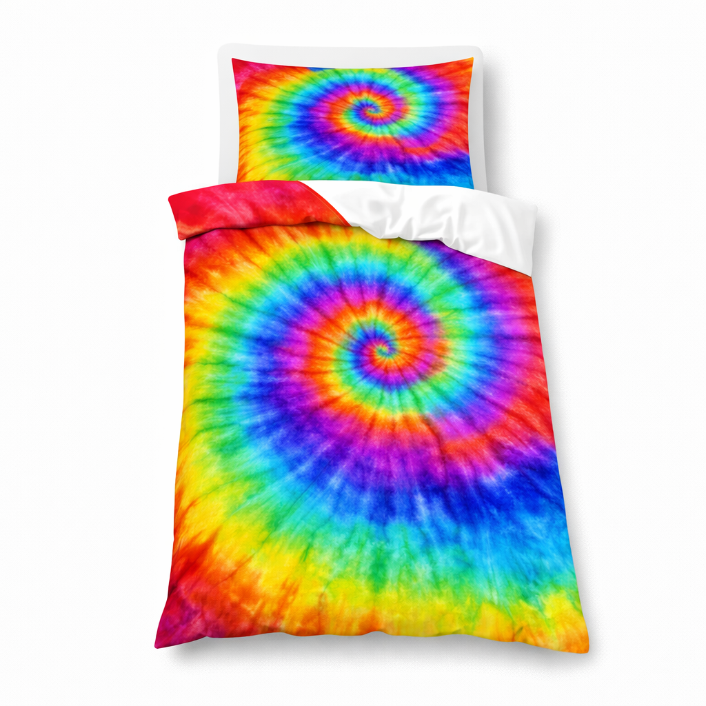 Tie-dye spiral patterned bedspread on a white background
