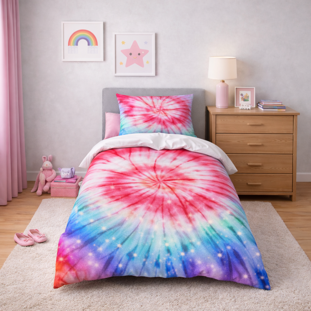 Tie-dye bedding set in a bedroom with a nightstand and decor items.