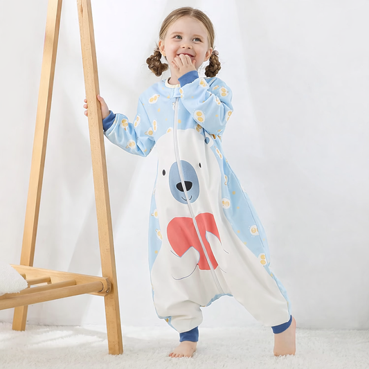 Blue polar bear fleece zip up children’s onesie with long sleeves and playful cartoon print