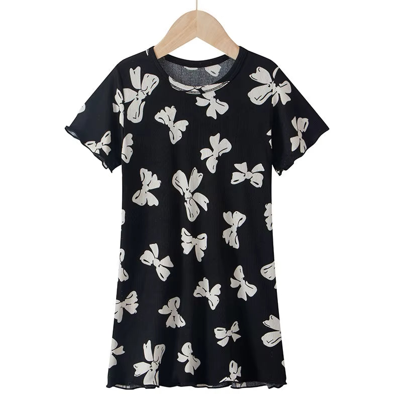 Girls black cotton nightdress with white butterfly print and short sleeves