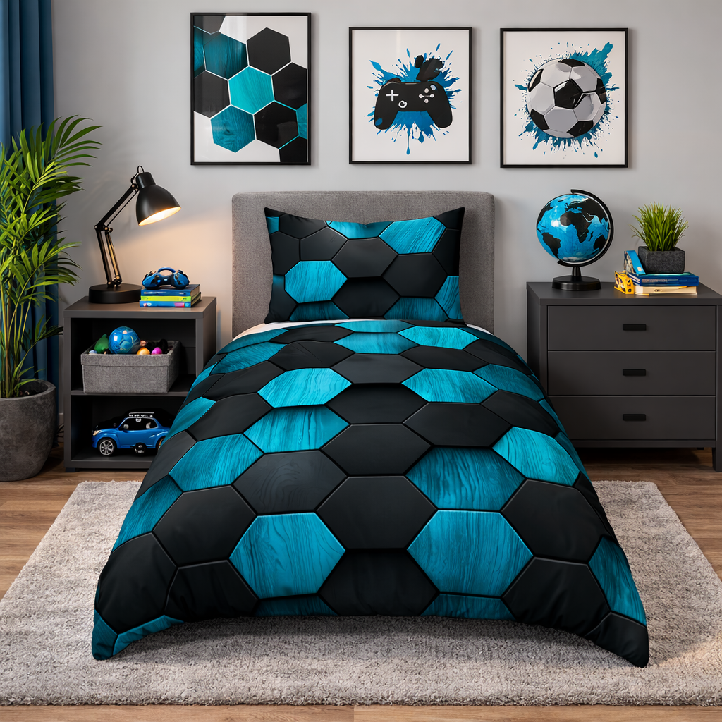 Bedroom with hexagonal patterned bedding in blue and black, surrounded by decor items.