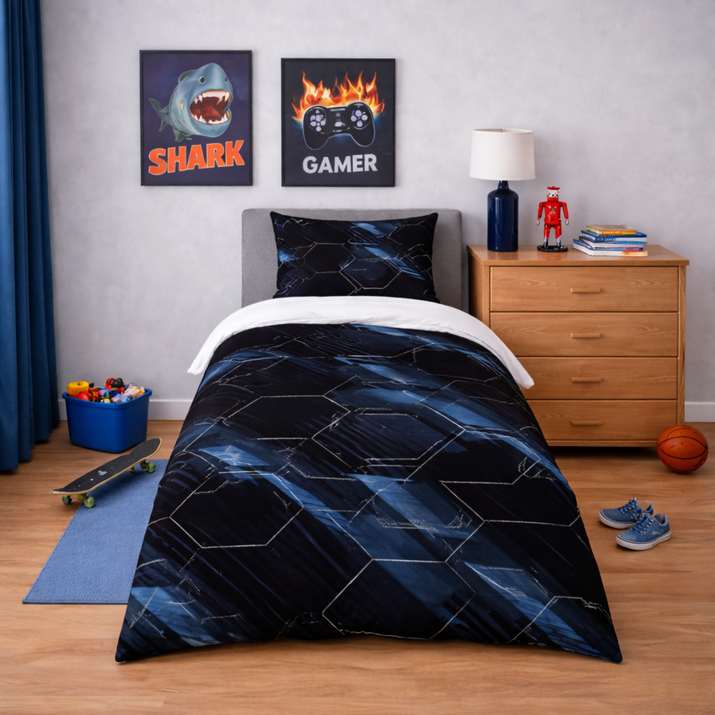 Children's bedroom with shark and gamer-themed posters, geometric-patterned bedding, and wooden furniture.