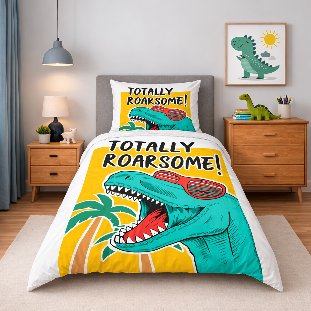 Totally roarsome dinosaur duvet cover and pillowcase in a bedroom setting