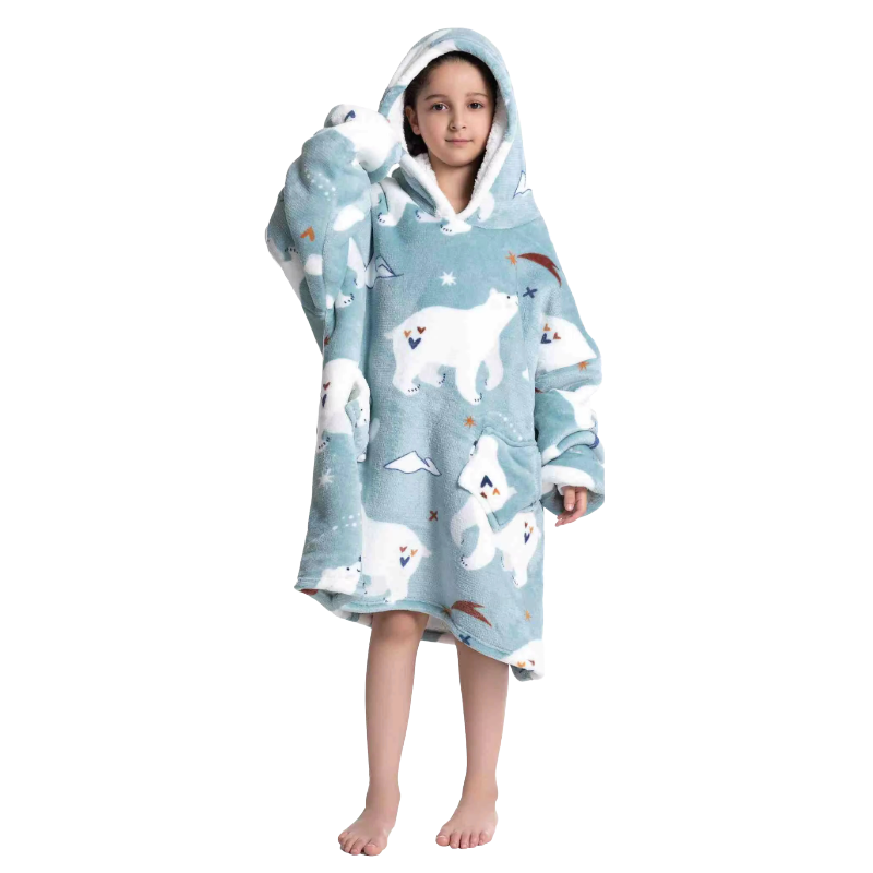 A child wearing a blue polar bear design oversized hoodie.
