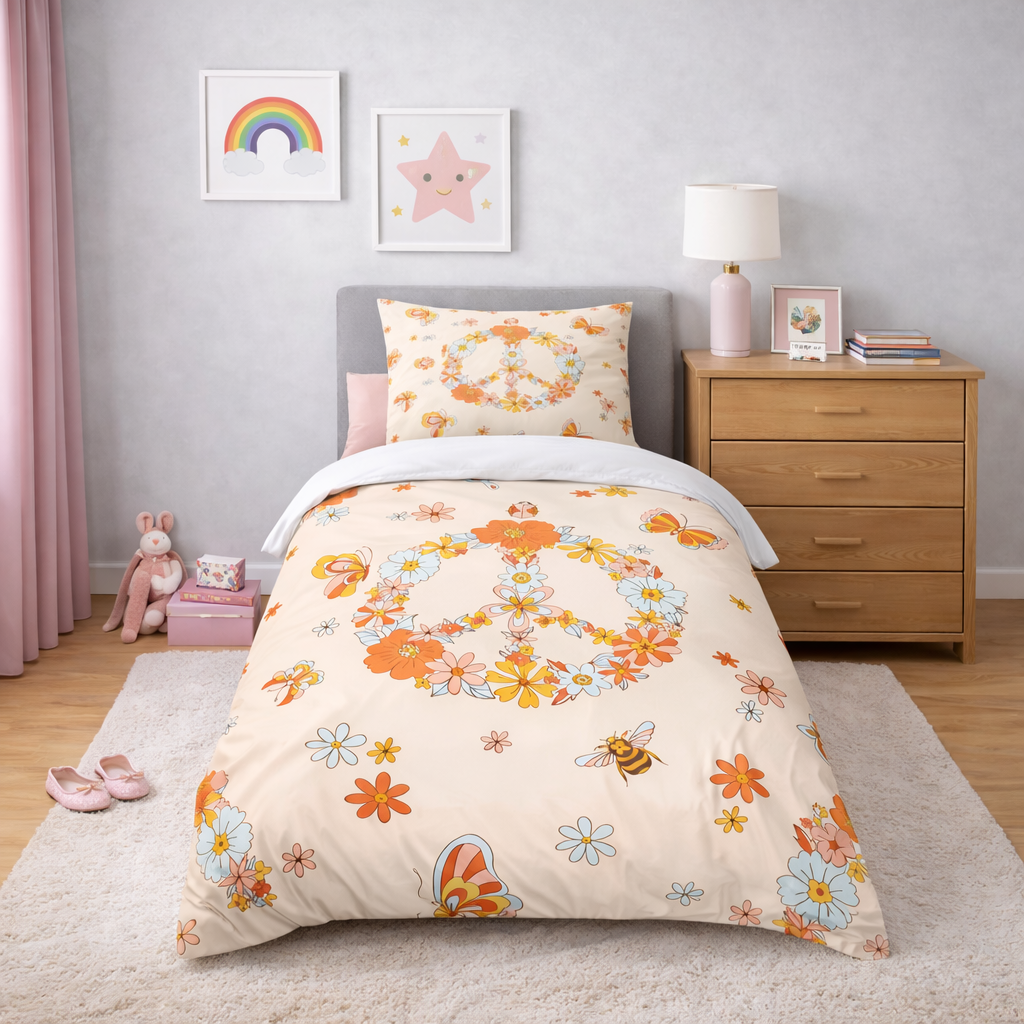 Floral comforter on a bed in a child's bedroom with a nightstand and decor.