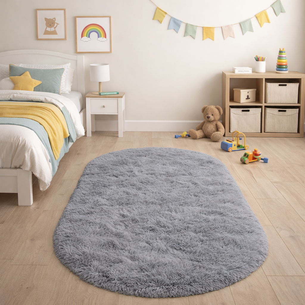 Soft grey silky plush oval rug shown beside a bed in a calm neutral room
