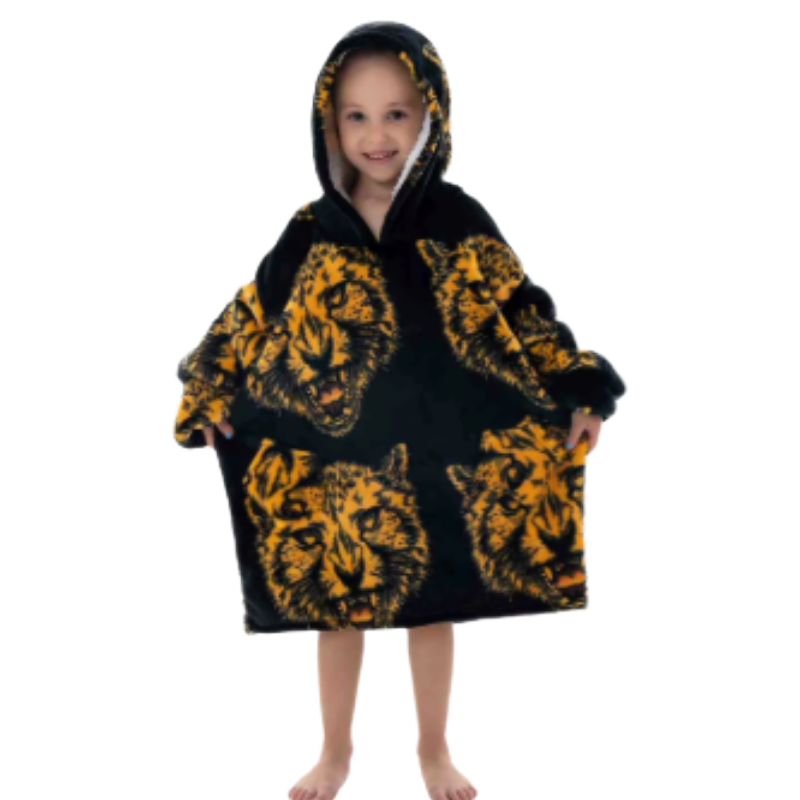 Child wearing a black and yellow leopard patterned hoodie.