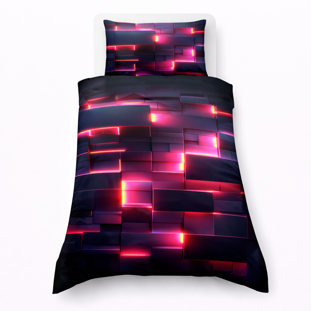 Neon pink geo design duvet cover and pillowcase on a white background