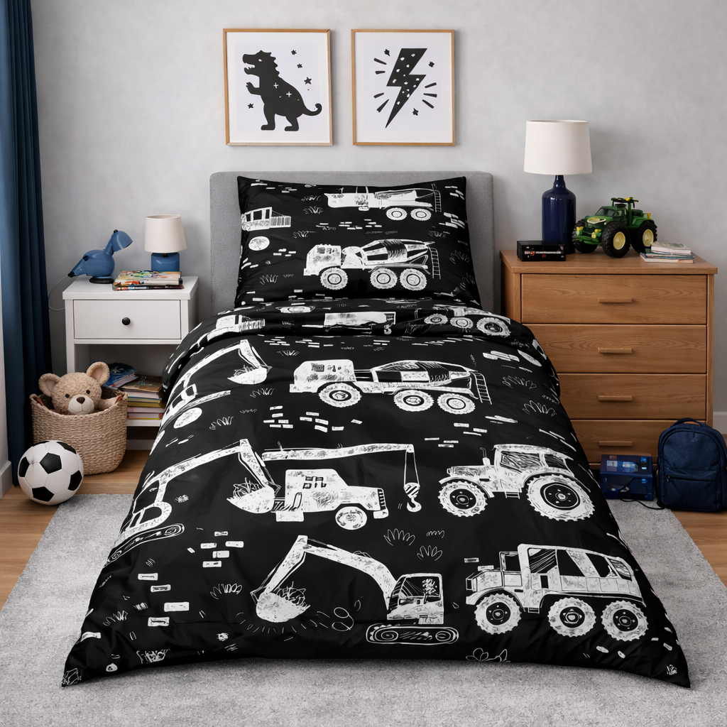 Children's bedroom with black and white truck-themed bedding set on a bed.