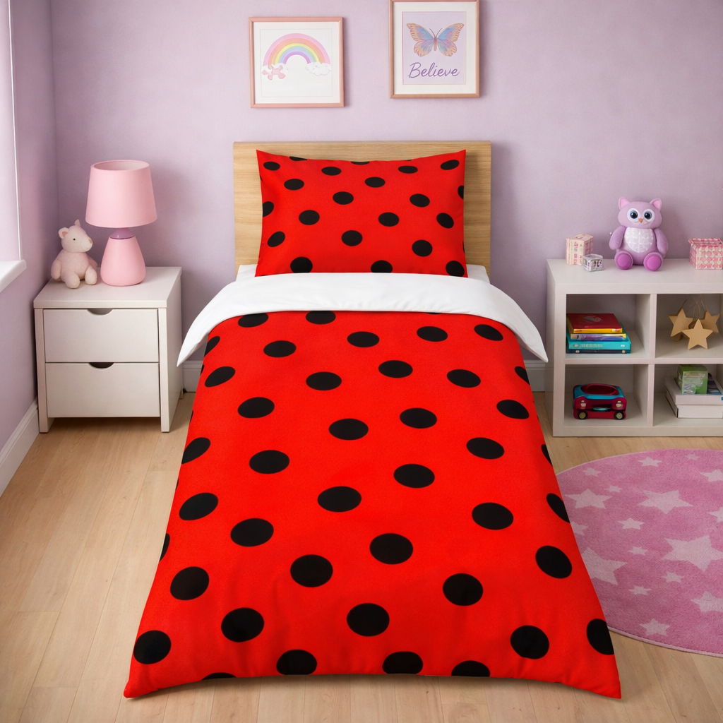Red and black polka dot bedding set in a child's bedroom with purple walls and toys.