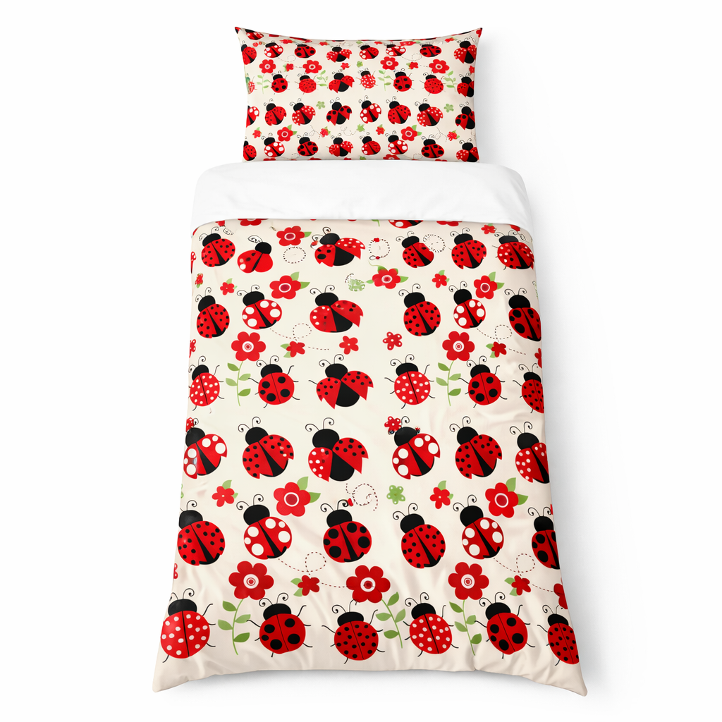 Children's bed set with ladybug pattern on a white background