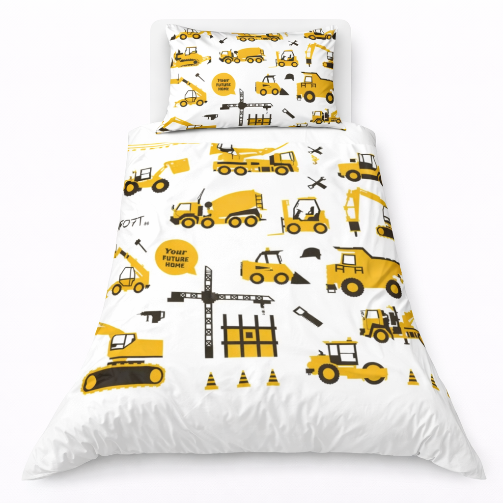 Children's bedding set with construction vehicle pattern on a white background