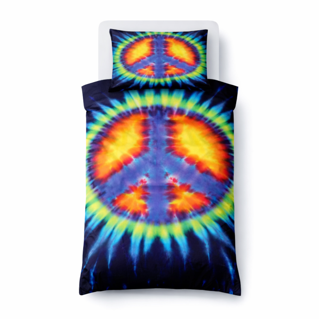 Tie-dye peace sign duvet cover set on a white background