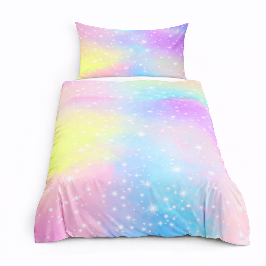 Multicoloured pastel starry design bedding set on a white background