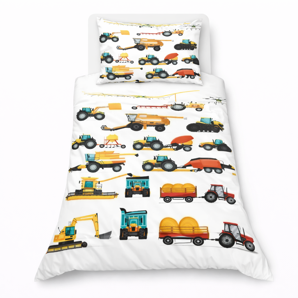 Children's bedding set with construction vehicle pattern on a white background