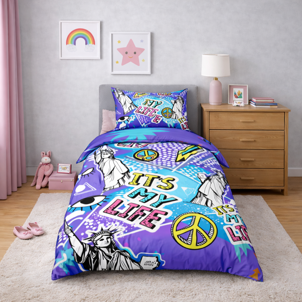 Bedroom with colourful 'It's My Life' bedding set featuring the Statue of Liberty.
